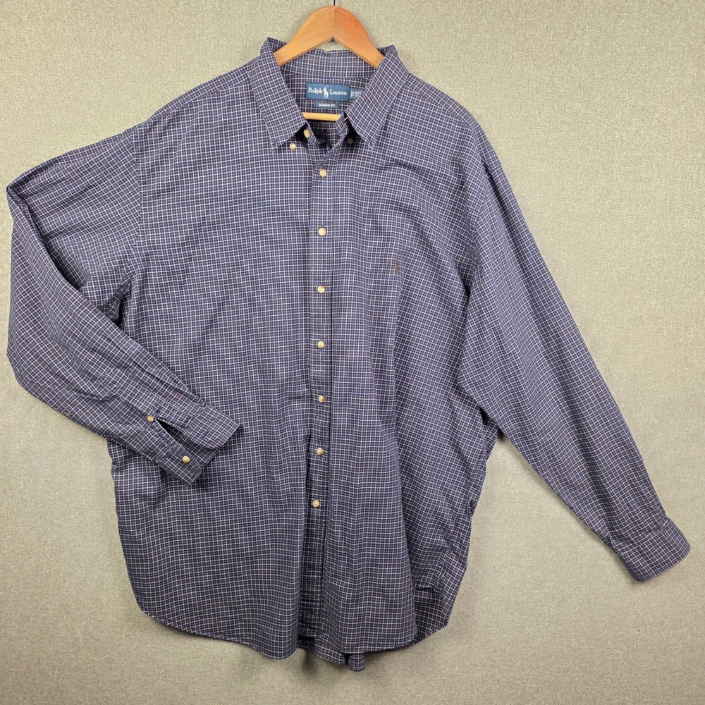 Ralph Lauren Classic Fit Shirt Mens 3XLT Tall Navy Blue Brown Check Cotton Pony